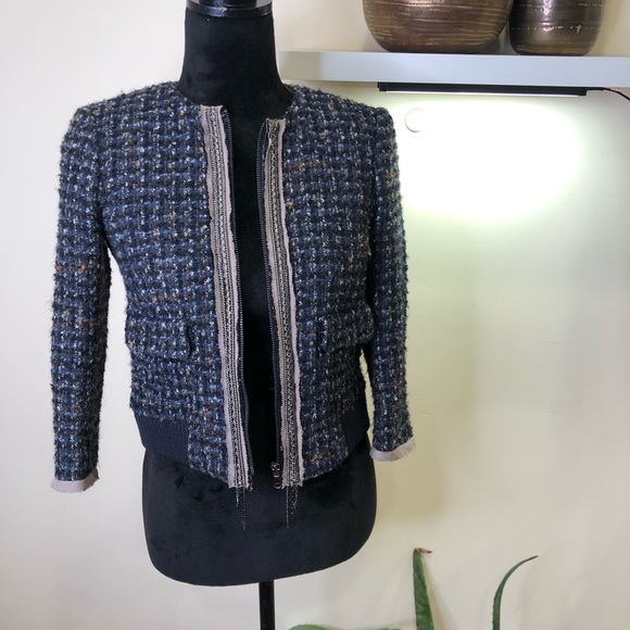 Ann Taylor LOFT Navy Tweed Wool Bomber Jacket Blazer Silver Chain Detail XSP - Picture 3 of 9